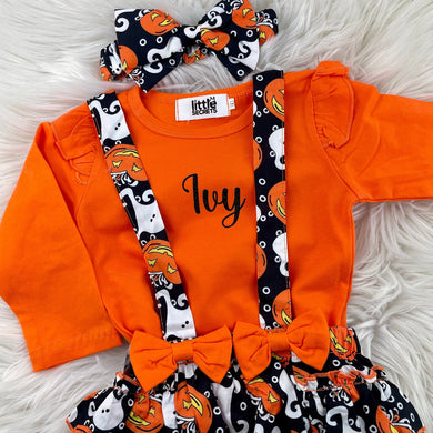 Personalised Baby Girl Halloween Braced Bloomer & Top Set, Pumpkin Ghost Costume - Little Secrets Clothing