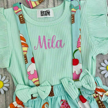 Load image into Gallery viewer, Personalised Baby Girl Summer Outfit, Ice Cream Braced Bloomer &amp; T-Shirt Set - Little Secrets Clothing
