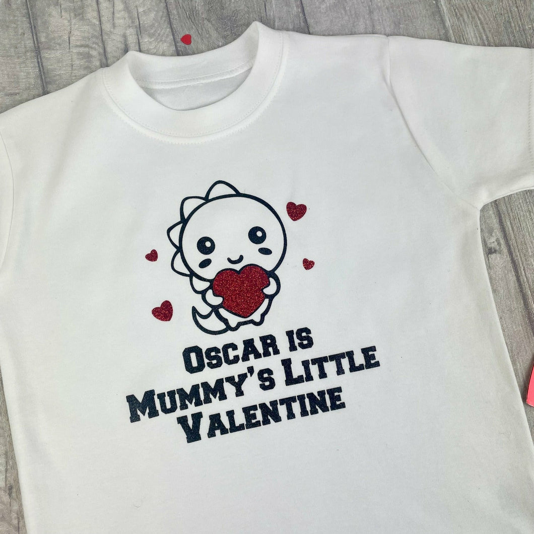 Boy's Personalised Mummy's Little Valentine Dinosaur White T-Shirt, Valentines Day