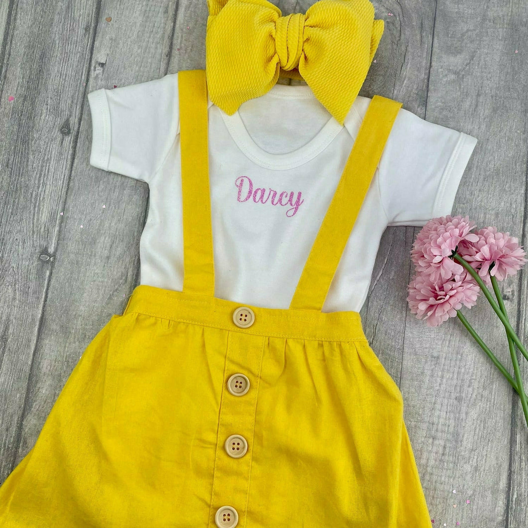 Personalised Baby Girl's Summer Outfit, Yellow Pinafore Dress - Little Secrets Clothing