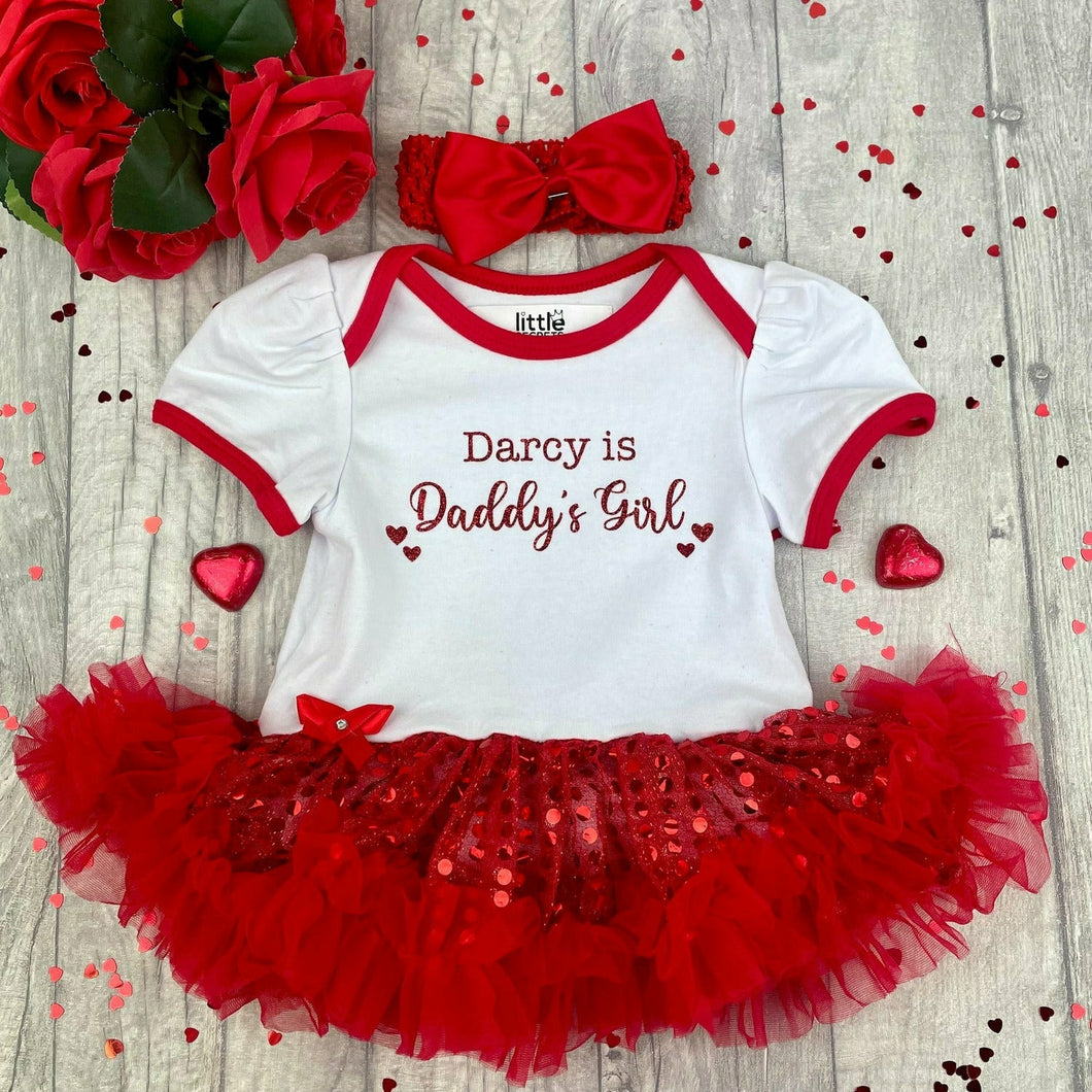 Baby Girls Personalised Daddy's Girl Valentine's Day Dress, Newborn Tutu Romper with Headband, Red Glitter Text