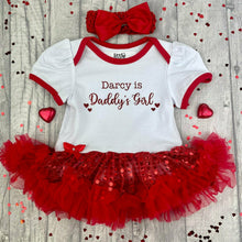 Load image into Gallery viewer, Baby Girls Personalised Daddy&#39;s Girl Valentine&#39;s Day Dress, Newborn Tutu Romper with Headband, Red Glitter Text
