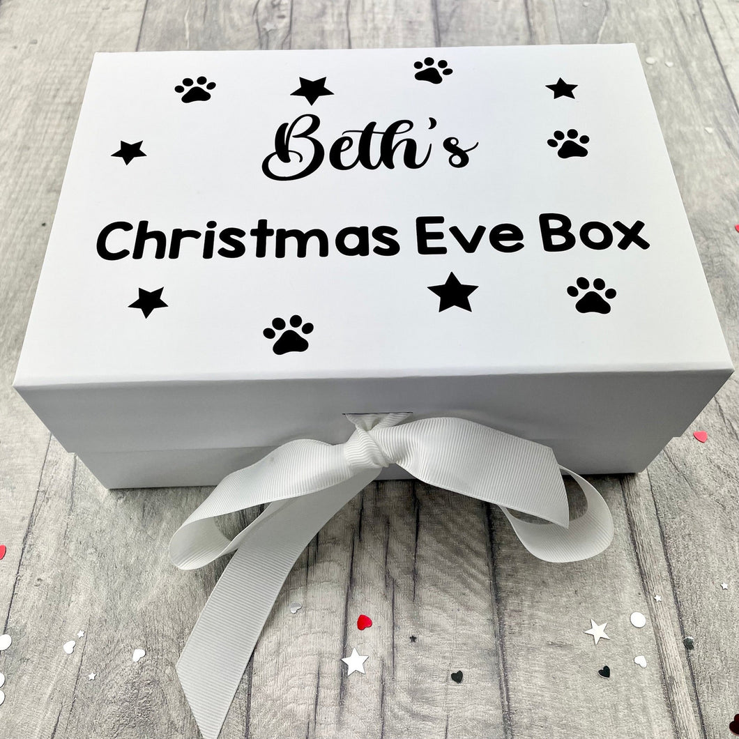 Pet Christmas Eve Box, Personalised Name Dog Cat Paw Print Design