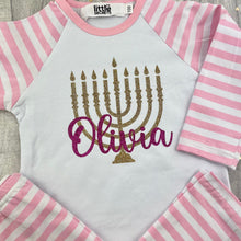 Load image into Gallery viewer, Hanukkah Menorah Pyjamas, Personalised Jewish Celebration PJ&#39;s Boys &amp; Girls
