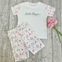 Load image into Gallery viewer, Personalised Name Pink or Blue and White Star Shorts Pyjamas, Girls Pyjamas, Boys Pjs
