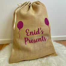 Load image into Gallery viewer, Personalised Presents Birthday Balloons Hessian Gift Sack
