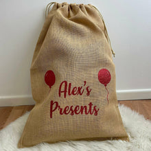 Load image into Gallery viewer, Personalised Presents Birthday Balloons Hessian Gift Sack
