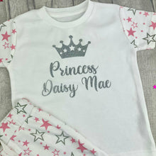Load image into Gallery viewer, Personalised Princess Pink Star Print Girls Pyjama Set, Girls Short PJs
