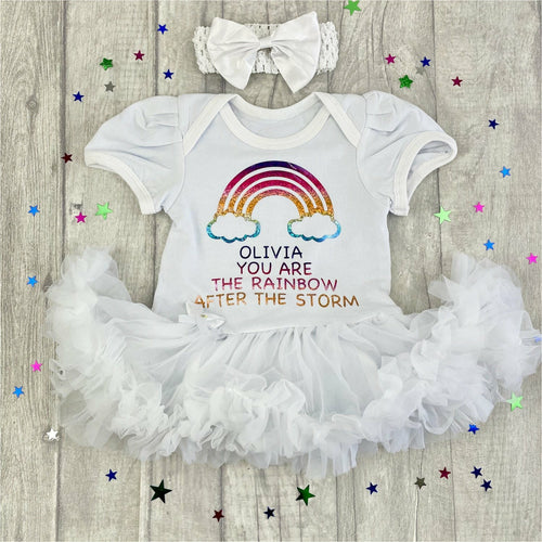 Personalised 'You Are The Rainbow After The Storm' Baby Girl Tutu Romper With Matching Bow Headband, Rainbow Design