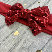Load image into Gallery viewer, Baby Girl Red Headband with Red Sequin Glitter Bow, Christmas Hair Accessory
