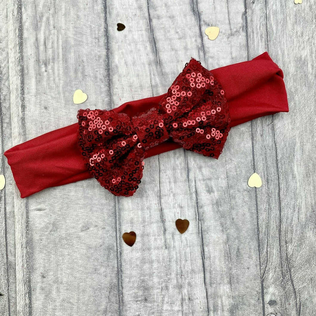 Baby Girl Red Headband with Red Sequin Glitter Bow, Christmas Hair Accessory