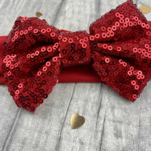 Load image into Gallery viewer, Baby Girl Red Headband with Red Sequin Glitter Bow, Christmas Hair Accessory
