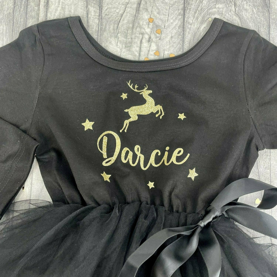 Girls Reindeer Christmas Tutu Dress, Long Sleeve Black Personalised Christmas Outfit