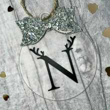 Load image into Gallery viewer, Personalised Initial &amp; Reindeer Antlers Christmas Bauble with Glitter Bow, Flat Christmas Decoration
