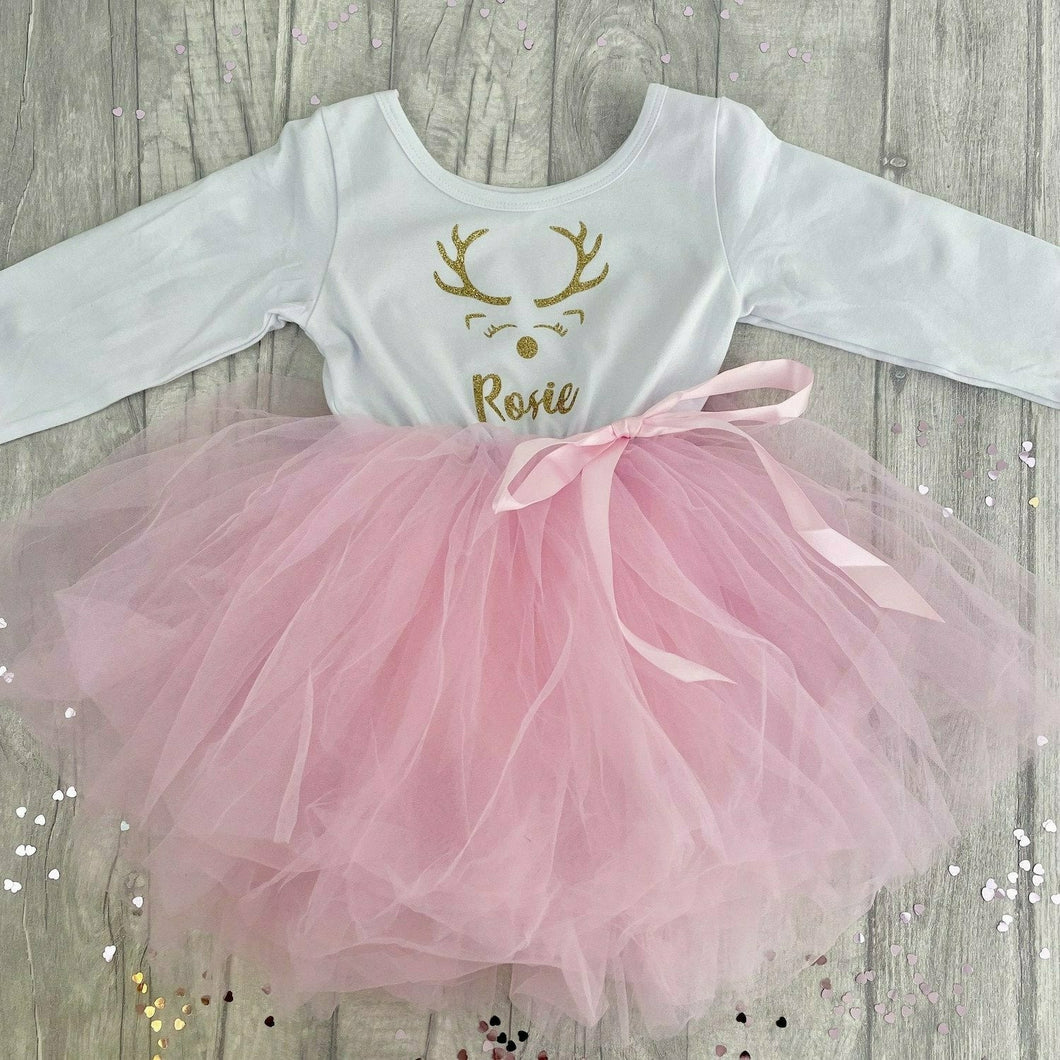 Girls Christmas Dress, Personalised Reindeer Long Sleeve Tutu Dress