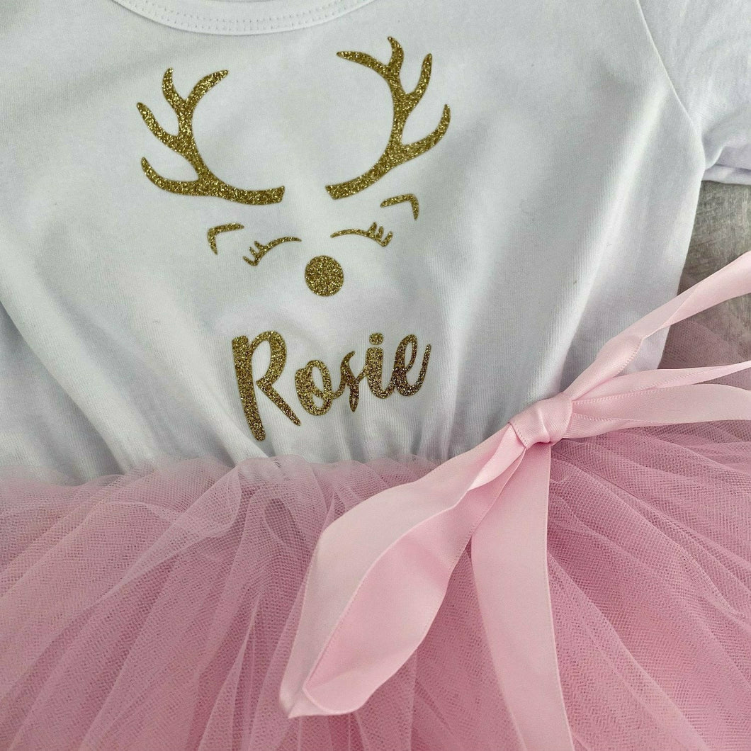 Girls Christmas Dress, Personalised Reindeer Long Sleeve Tutu Dress