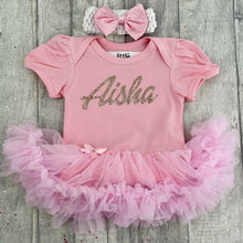 Load image into Gallery viewer, Personalised Rose Gold Glitter Name Baby Girl Tutu Romper - Little Secrets Clothing
