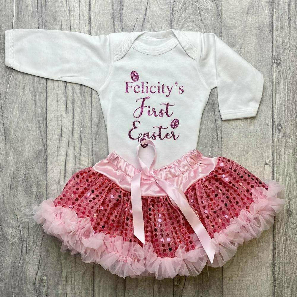 Personalised 'First Easter' Girl White Long Sleeved Romper And Pink Sequin Tutu Skirt, Newborn Baby Gift