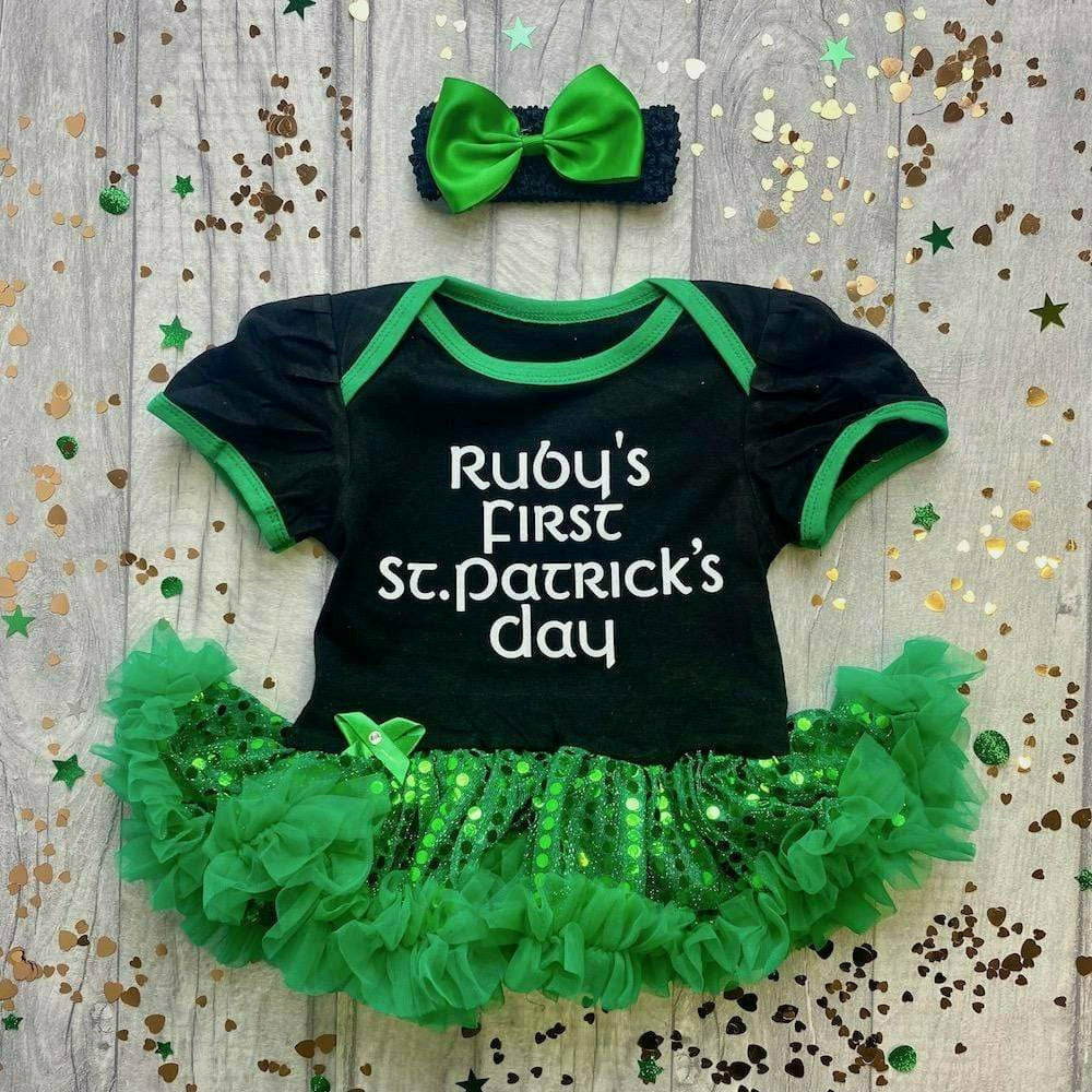 Personalised 'First St Patrick's Day' Sequin Tutu Romper With Matching Bow Headband