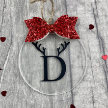 Load image into Gallery viewer, Personalised Initial &amp; Reindeer Antlers Christmas Bauble with Glitter Bow, Flat Christmas Decoration
