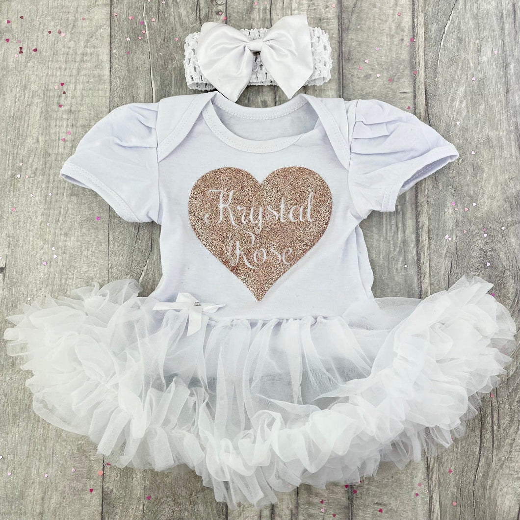 Personalised baby girl tutu romper with rose gold glitter heart - Little Secrets Clothing