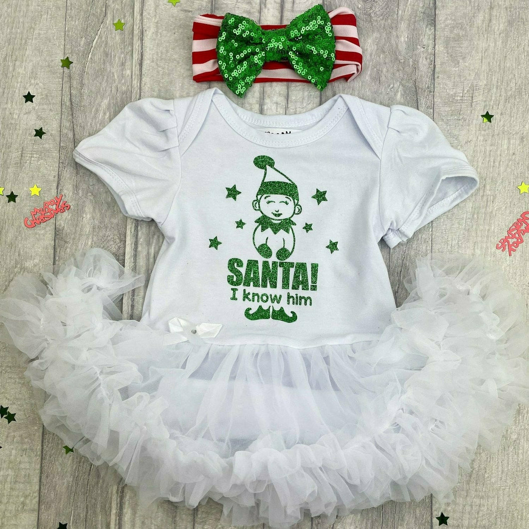 Baby Girl Christmas Elf Outfit, White Tutu Romper with Sequin Bow Headband, SANTA! I Know Him