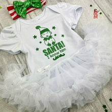 Load image into Gallery viewer, Baby Girl Christmas Elf Outfit, White Tutu Romper with Sequin Bow Headband, SANTA! I Know Him
