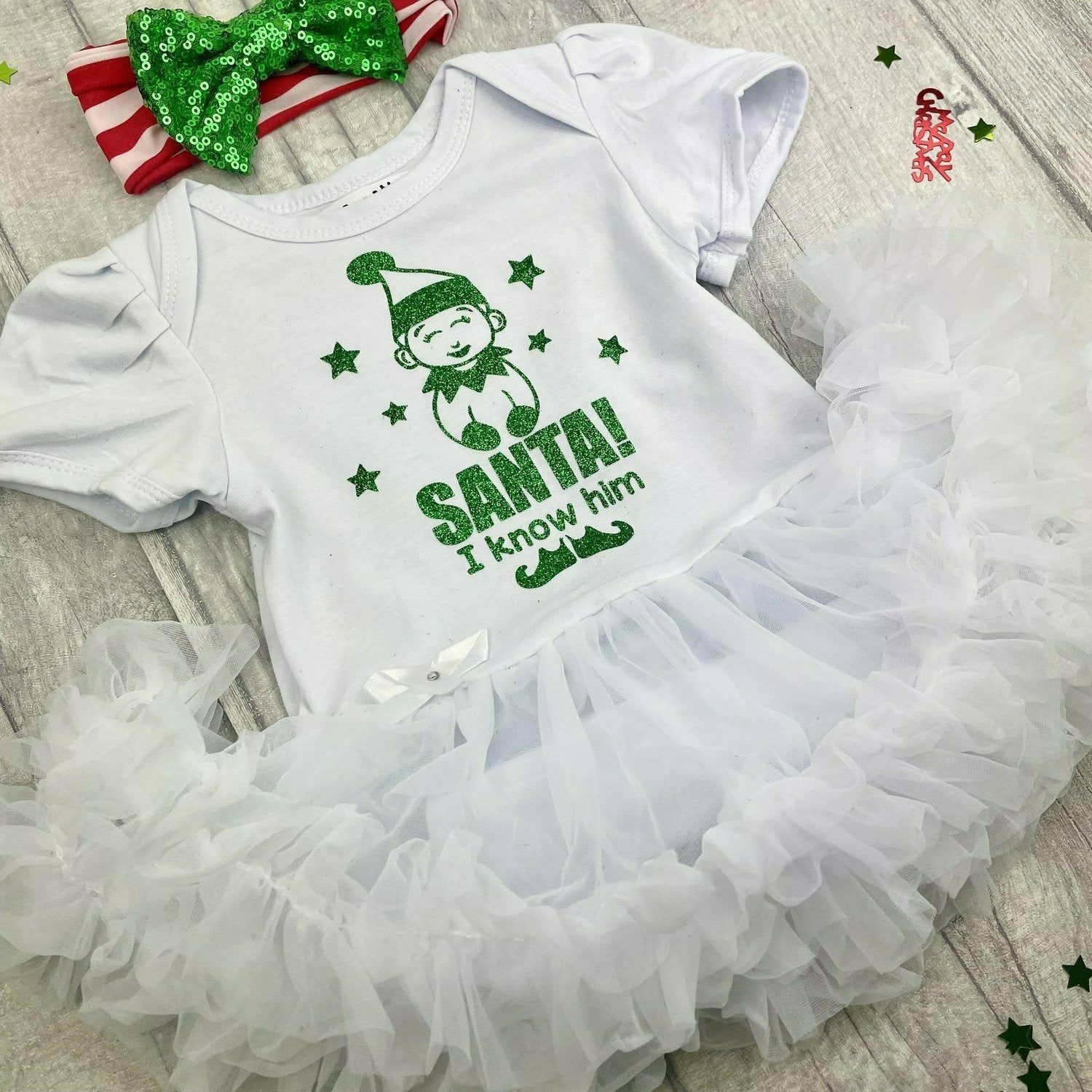 Baby Girl Christmas Elf Outfit White Tutu Romper with Sequin Bow Headband SANTA I Know Him