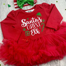 Load image into Gallery viewer, Baby Girl Christmas Elf Long Sleeve Red Tutu Romper &amp; Matching Green Sequin Headband, Santa&#39;s Cutest Elf

