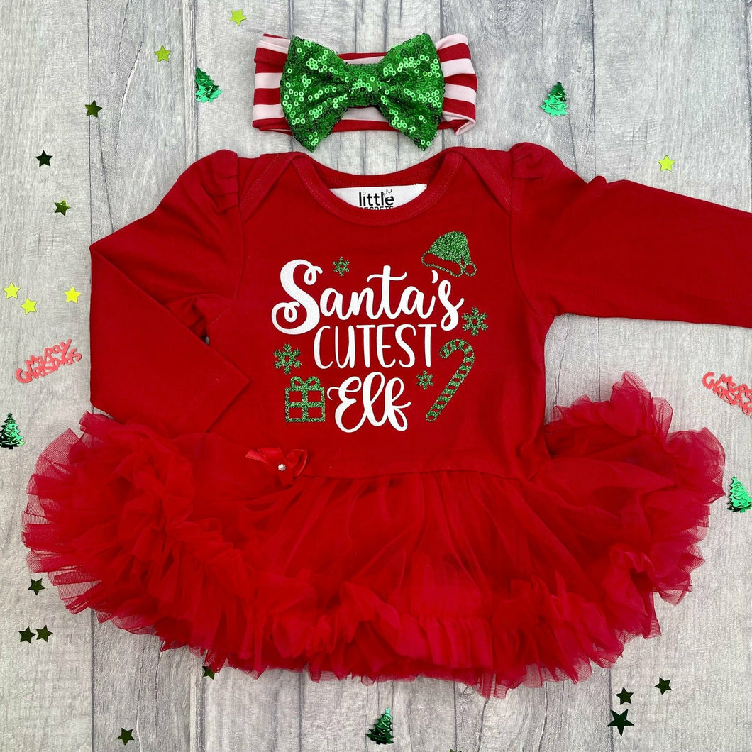 Baby Girl Christmas Elf Long Sleeve Red Tutu Romper & Matching Green Sequin Headband, Santa's Cutest Elf