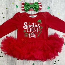 Load image into Gallery viewer, Baby Girl Christmas Elf Long Sleeve Red Tutu Romper &amp; Matching Green Sequin Headband, Santa&#39;s Cutest Elf
