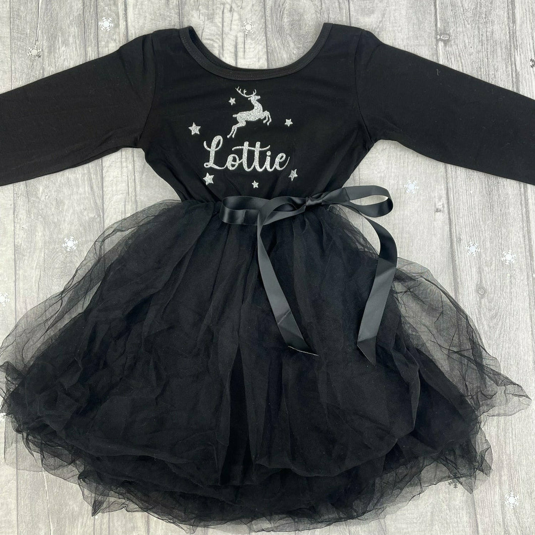 Girls Reindeer Christmas Tutu Dress, Long Sleeve Black Personalised Christmas Outfit