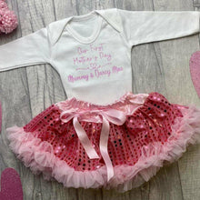 Load image into Gallery viewer, Baby Girl Mother&#39;s Day Outfit, Personalised White Long Sleeved Romper &amp; Pink Sequin Tutu Skirt
