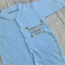 Load image into Gallery viewer, Happy 1st Father&#39;s Day Stars Baby Boys / Girls Button Up Sleepsuit Gold Text
