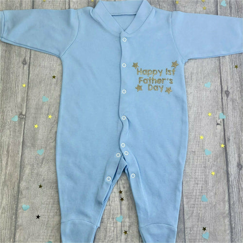 Happy 1st Father's Day Stars Baby Boys / Girls Button Up Sleepsuit Gold Text