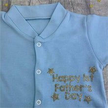 Load image into Gallery viewer, Happy 1st Father&#39;s Day Stars Baby Boys / Girls Button Up Sleepsuit Gold Text
