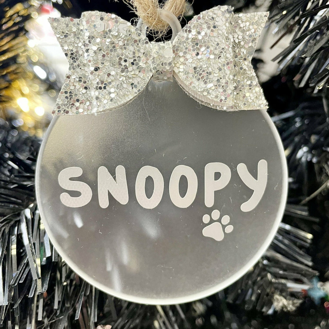 Personalised Pet Christmas Bauble with Glitter Bow, Dog or Cat Flat Christmas Decoration