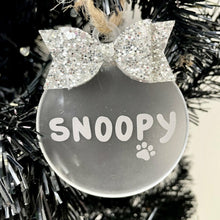 Load image into Gallery viewer, Personalised Pet Christmas Bauble with Glitter Bow, Dog or Cat Flat Christmas Decoration
