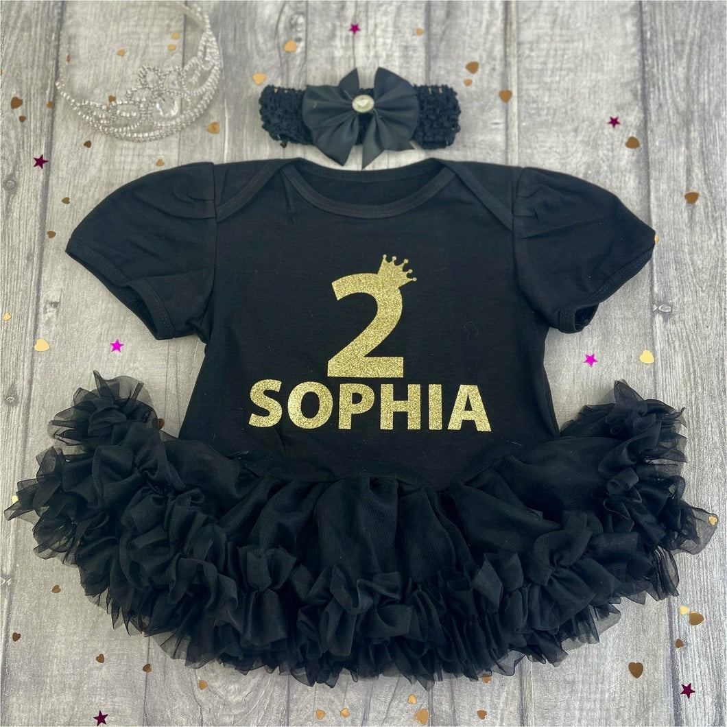 Personalised 1st Birthday Crown and Number Black Tutu Romper With Matching Headband, Gold Glitter Design
