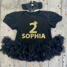 Load image into Gallery viewer, Personalised 1st Birthday Crown and Number Black Tutu Romper With Matching Headband, Gold Glitter Design
