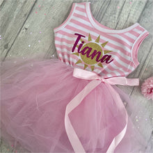 Load image into Gallery viewer, Personalised Girls Summer Sleeveless Striped tutu dress, White Sunshine with Pink Name
