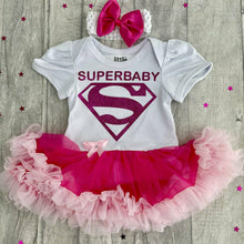 Load image into Gallery viewer, SUPERBABY Superhero, Baby Girl Superman Tutu Romper with Headband
