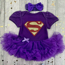 Load image into Gallery viewer, Baby Girl Superman Tutu Romper With Matching Bow Headband, Baby Superhero Dress
