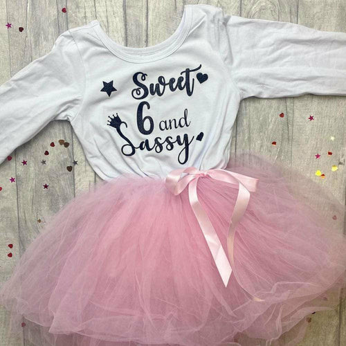 'Sweet 6 And Sassy' Crown And Hearts 6th Birthday Girl's Light Pink Long Sleeved Stripe Tutu Dress