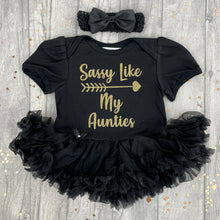 Load image into Gallery viewer, Sassy Like My Aunties Baby Girl Tutu Romper With Matching Bow Headband
