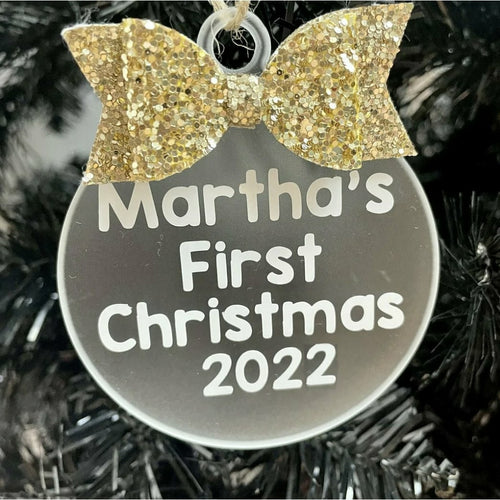 Personalised First Christmas Christmas Bauble with Glitter Bow, Christmas Tree Decoration - Little Secrets Clothing