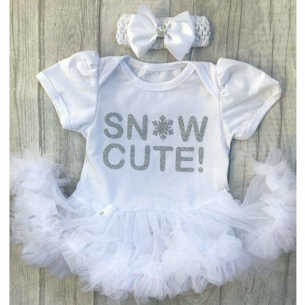 'Snow Cute' Baby Girl Tutu Romper With Matching Bow Headband, Christmas