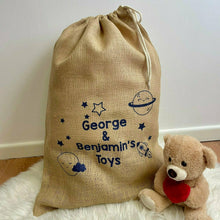 Load image into Gallery viewer, Personalised Toy Sack, Space Rocket Design, Children&#39;s Toy Storage Bag
