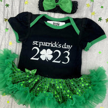 Load image into Gallery viewer, St Patrick&#39;s Day 2023, Baby Girl Black and Green Sequin Tutu Romper With Headband
