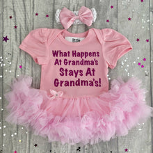 Load image into Gallery viewer, What Happen&#39;s At Grandma&#39;s Stays At Grandma&#39;s Tutu Romper With Matching Bow Headband
